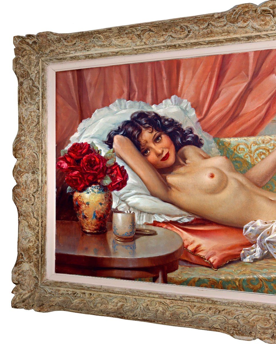André DAVID (XIX-XXe) Très Grand Tableau "Nue Allongée"-photo-2