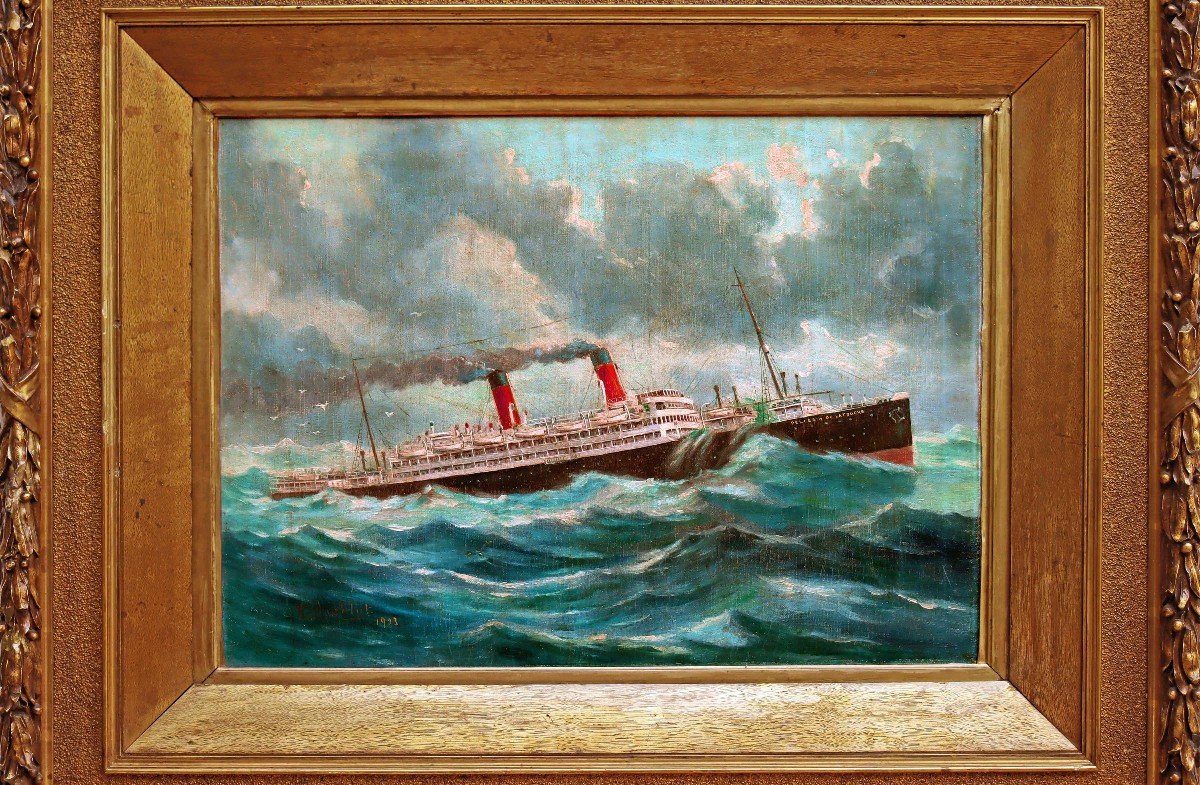 Paquebot Transatlantique 1923 par Eugène HIÉBLOT (1886-1953) Peintre Officiel de la Marine-photo-2