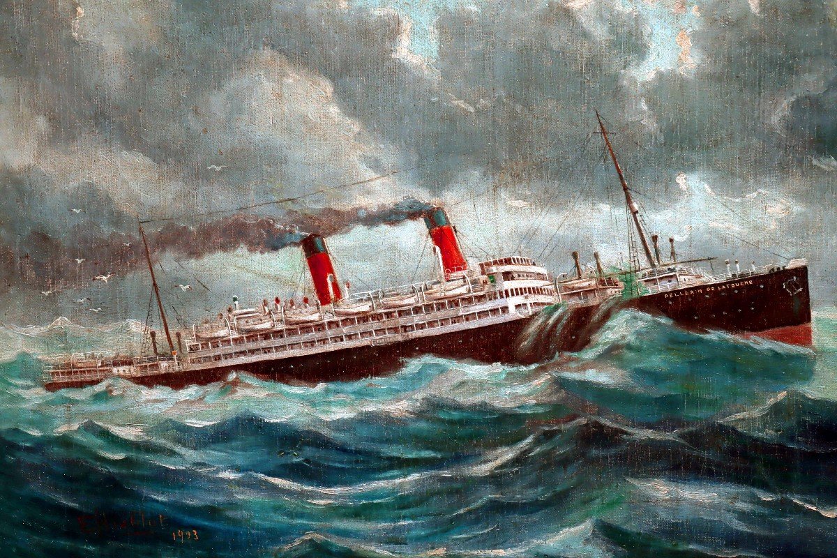 Paquebot Transatlantique 1923 par Eugène HIÉBLOT (1886-1953) Peintre Officiel de la Marine-photo-3