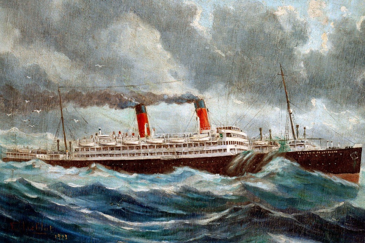 Paquebot Transatlantique 1923 par Eugène HIÉBLOT (1886-1953) Peintre Officiel de la Marine-photo-2