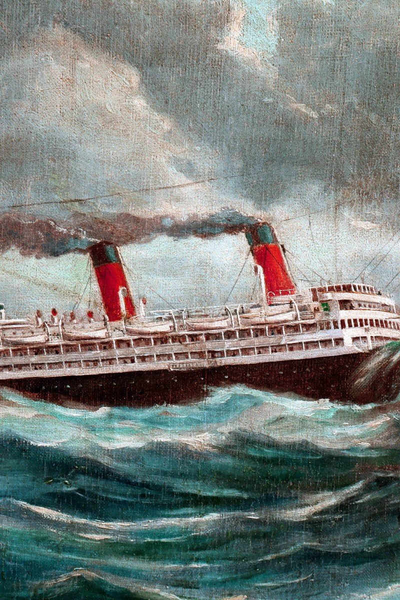 Paquebot Transatlantique 1923 par Eugène HIÉBLOT (1886-1953) Peintre Officiel de la Marine-photo-3