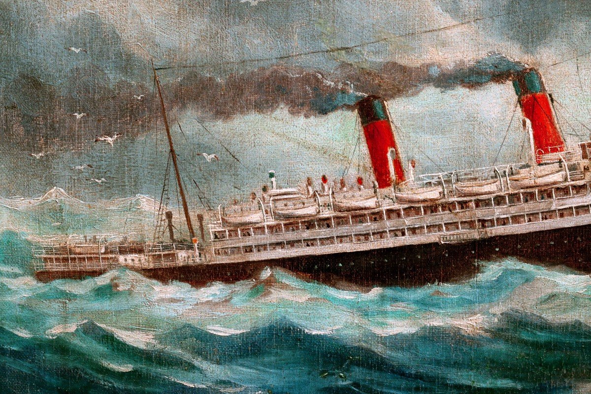 Paquebot Transatlantique 1923 par Eugène HIÉBLOT (1886-1953) Peintre Officiel de la Marine-photo-4