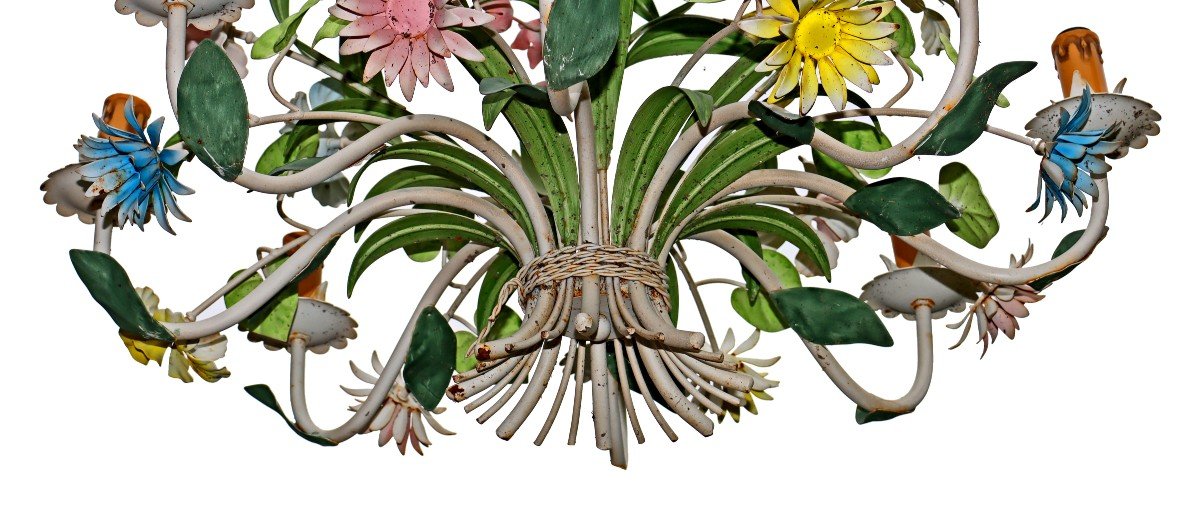 Large Flower Chandelier In Painted Ironwork Circa 1950-60-photo-2
