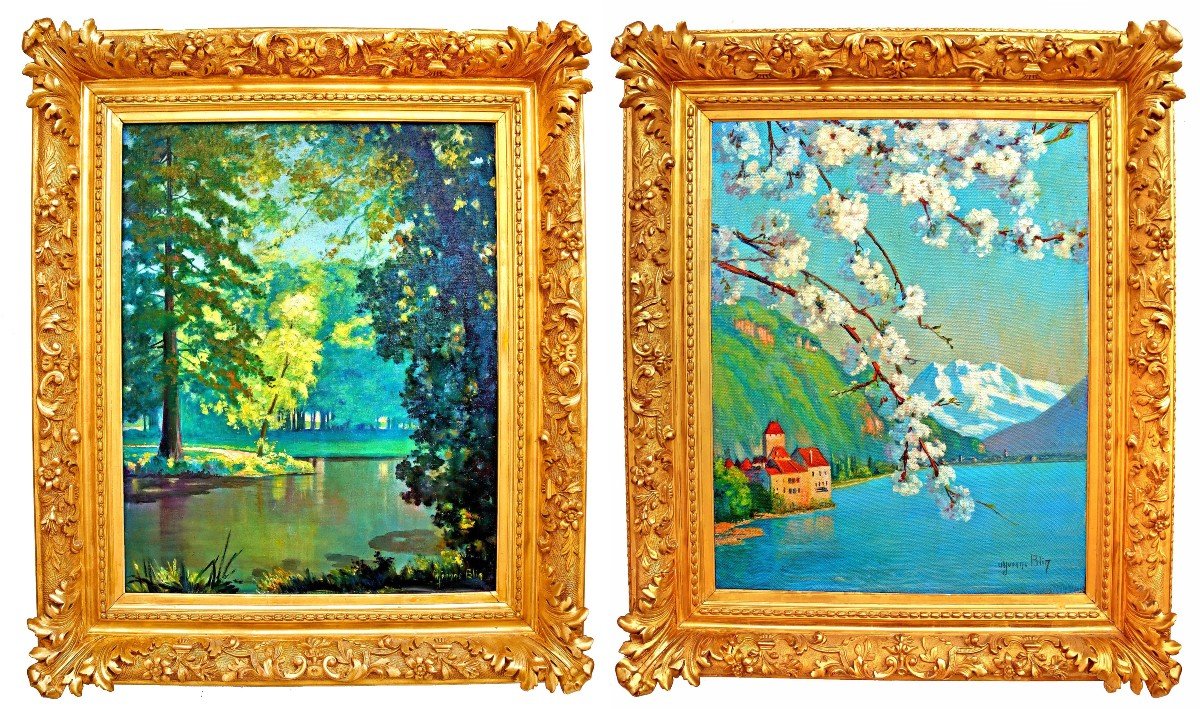 Yvonne Blin (20th Century) Pair Of Large Lake Landscape Paintings