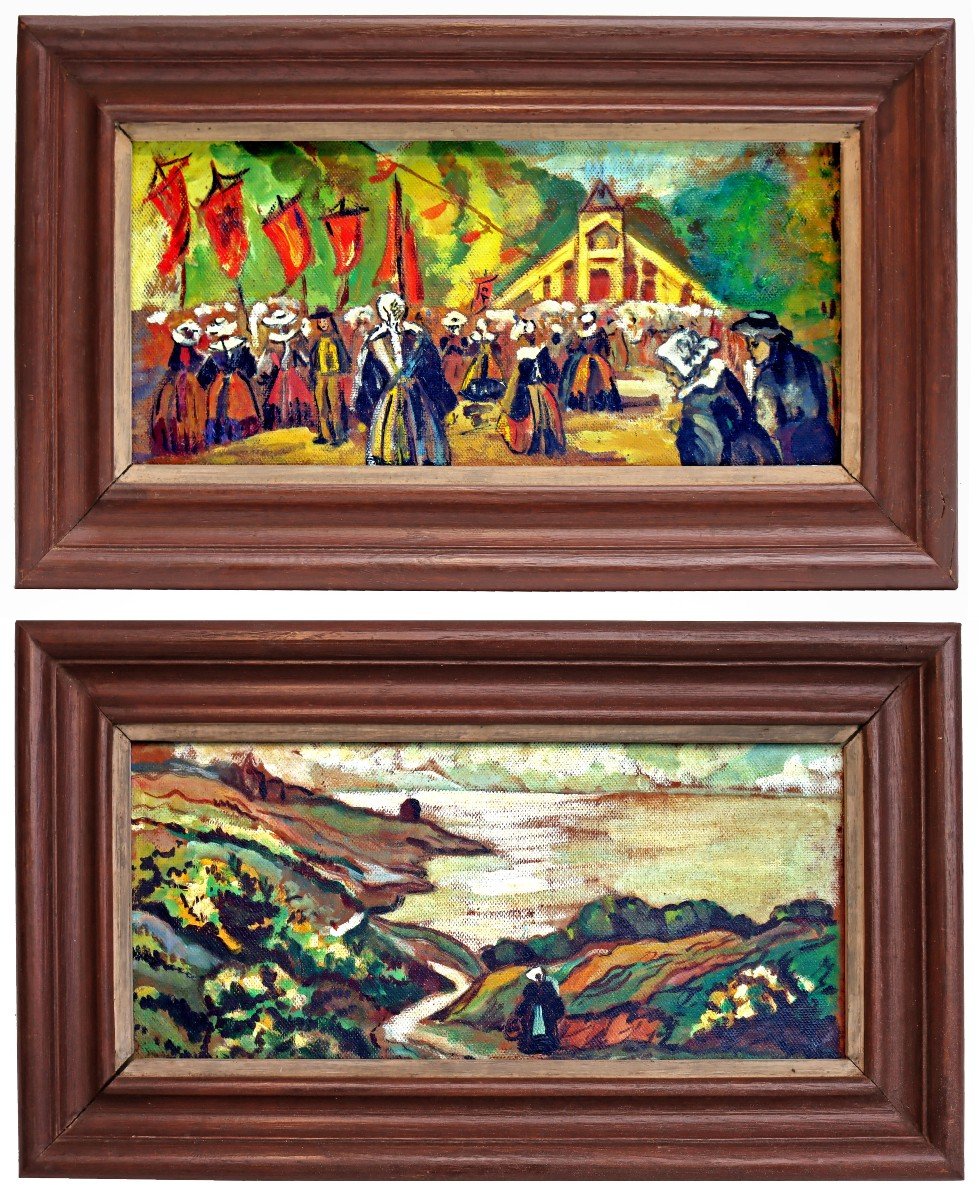 Breton School Pair Of Paintings: Nabis Landscape / Pardon At Sainte Anne d'Auray