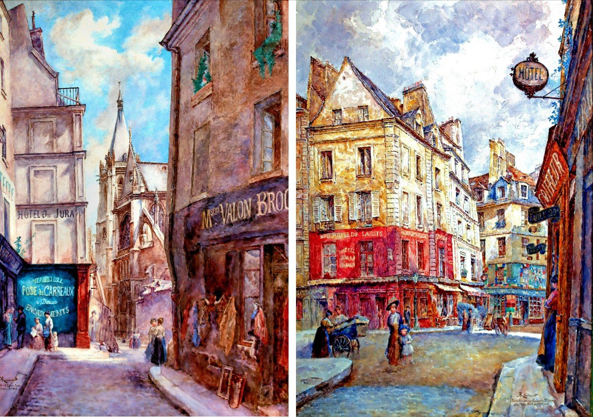 BUGNICOURT (1868-1936) Grande Aquarelle PARIS rue anim&eacute;e en 1910-photo-8