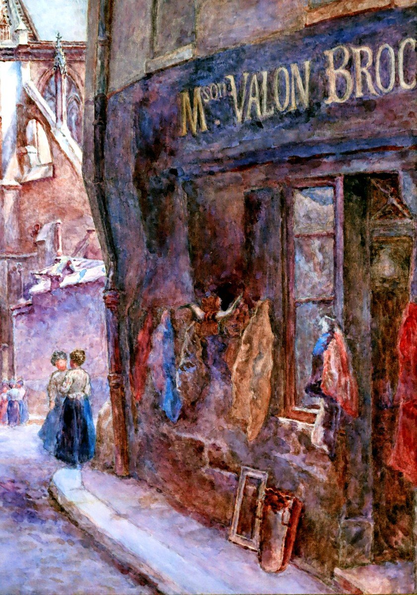 BUGNICOURT (1868-1936) Grande Aquarelle Paris Rue Anim&eacute;e En 1909-photo-1