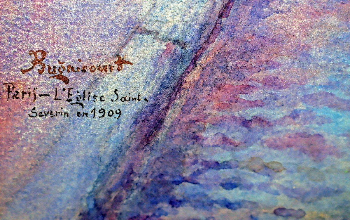 BUGNICOURT (1868-1936) Grande Aquarelle Paris Rue Anim&eacute;e En 1909-photo-3