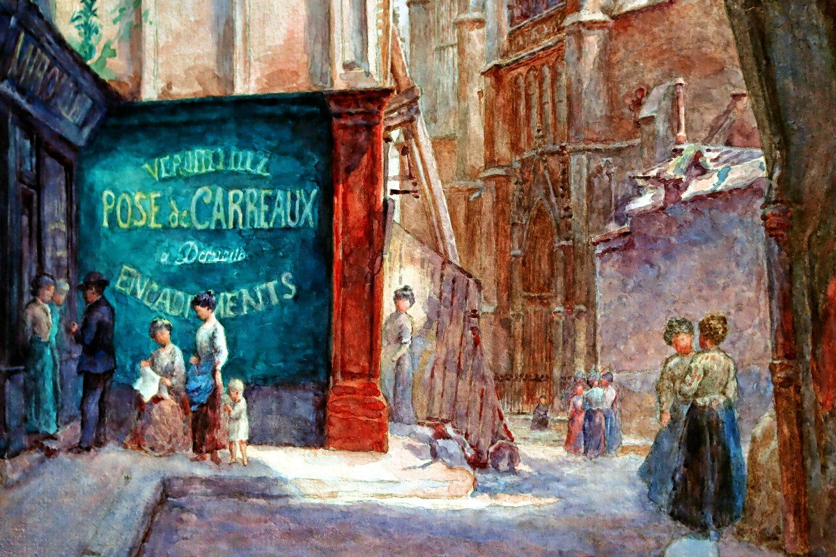 BUGNICOURT (1868-1936) Grande Aquarelle Paris Rue Anim&eacute;e En 1909-photo-4