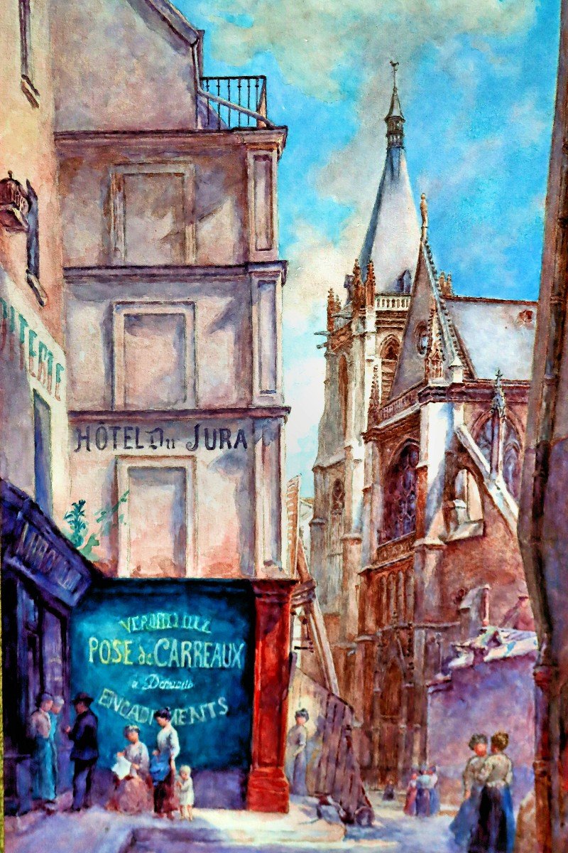BUGNICOURT (1868-1936) Grande Aquarelle Paris Rue Anim&eacute;e En 1909-photo-6