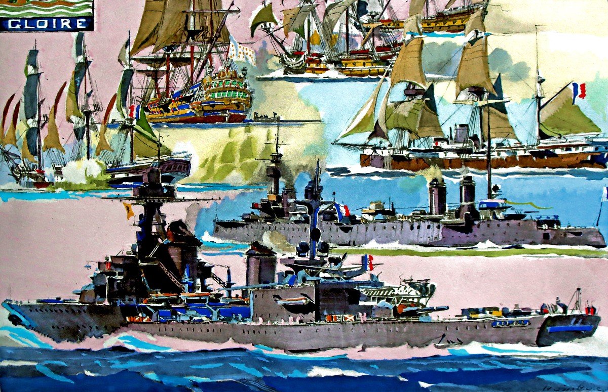 Marin Marie (1901-1897) Stencil Gouache "portrait Of Boats"-photo-2