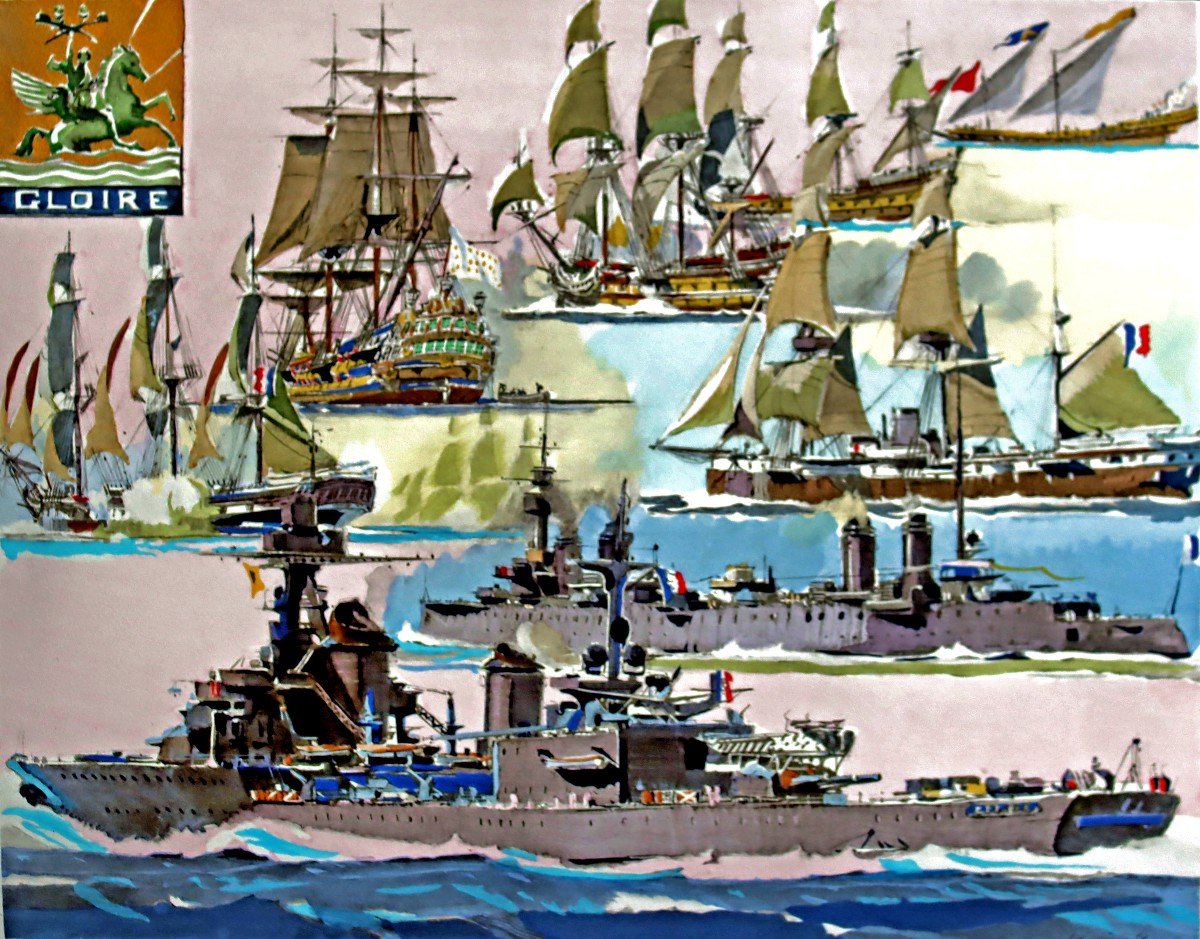 Marin Marie (1901-1897) Stencil Gouache "portrait Of Boats"