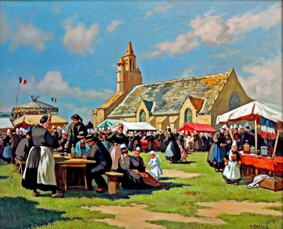 Henri BARNOIN (1882-1940) Grande Peinture Figurant une Fête Bretonne en Finistère-photo-3