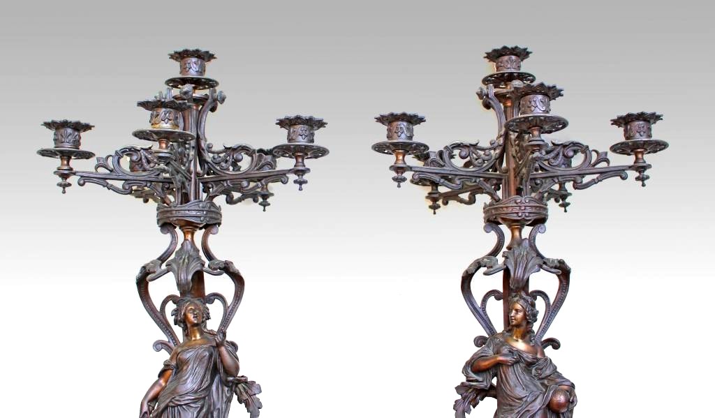 Pair Of Bronze Candelabra In The Nineteenth Vestal (h: 75 Cm)-photo-3