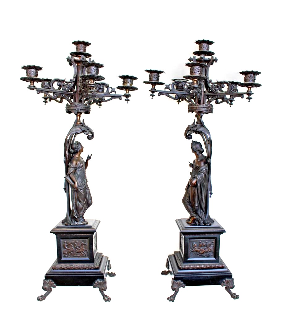 Paire de grands candélabres aux vestales en bronze XIXe   (H: 75 cm)-photo-3