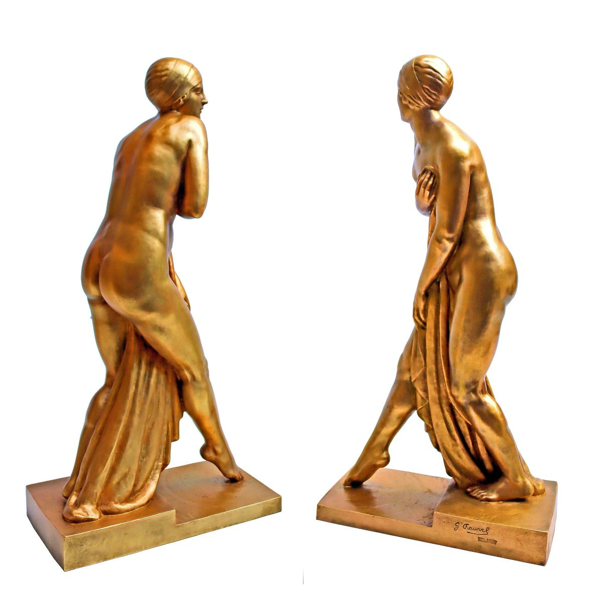 Georges Chauvel (1886-1962) Pair Of Large Art Deco Gilt Bronze Statues-photo-4