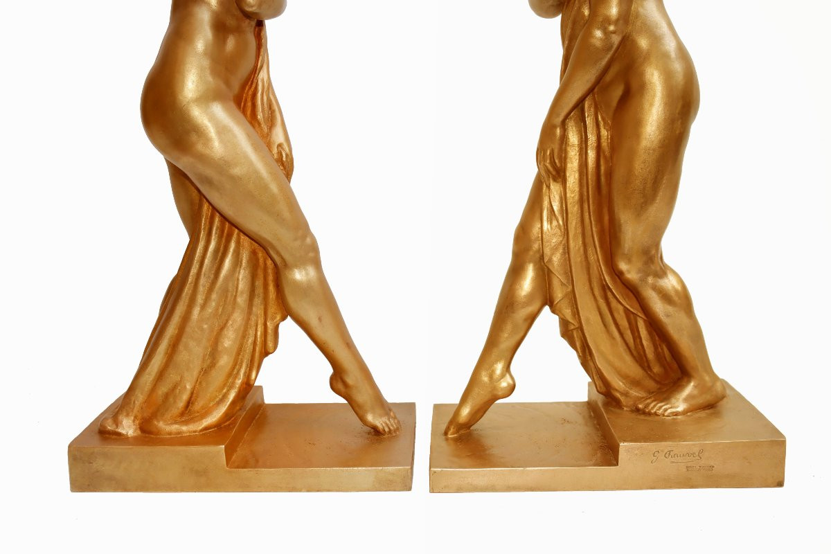 Georges Chauvel (1886-1962) Pair Of Large Art Deco Gilt Bronze Statues-photo-4