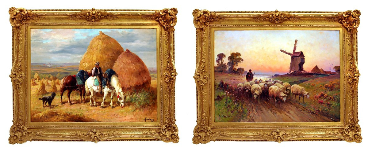 Paire de Grands Tableaux Ecole de Barbizon signés Martinez et Derians