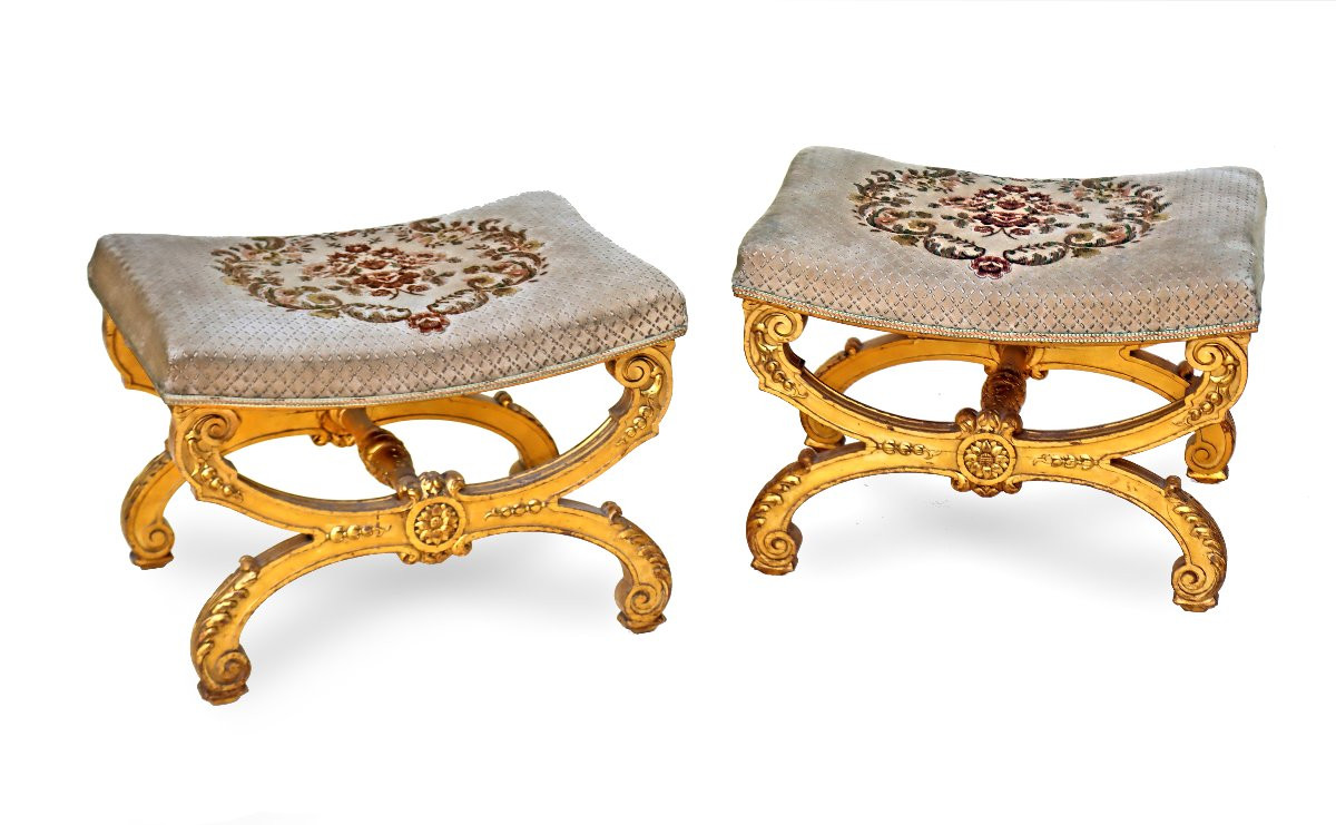 Pair Of Napoleon III Folding Shoes In Gilded Wood-photo-3
