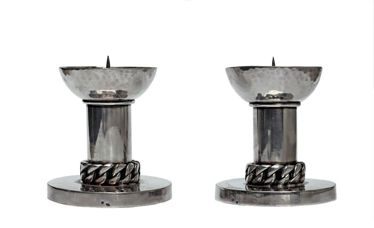 Jean DESPRÉS (1889-1980) Paire de Flambeaux Art Déco-photo-3