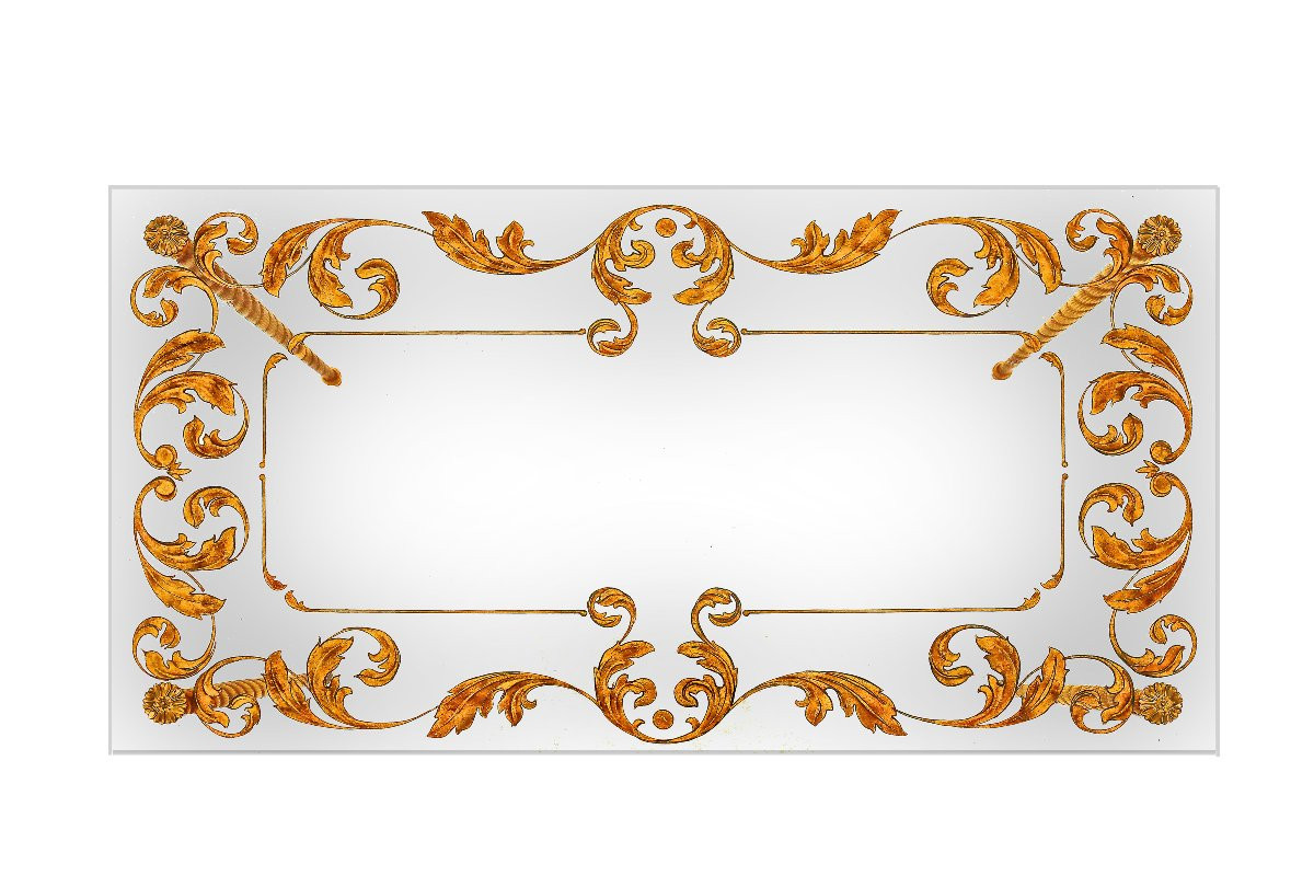 Table Art Déco 1940 Verre Gravé Doré à Piétement Bronze-photo-2