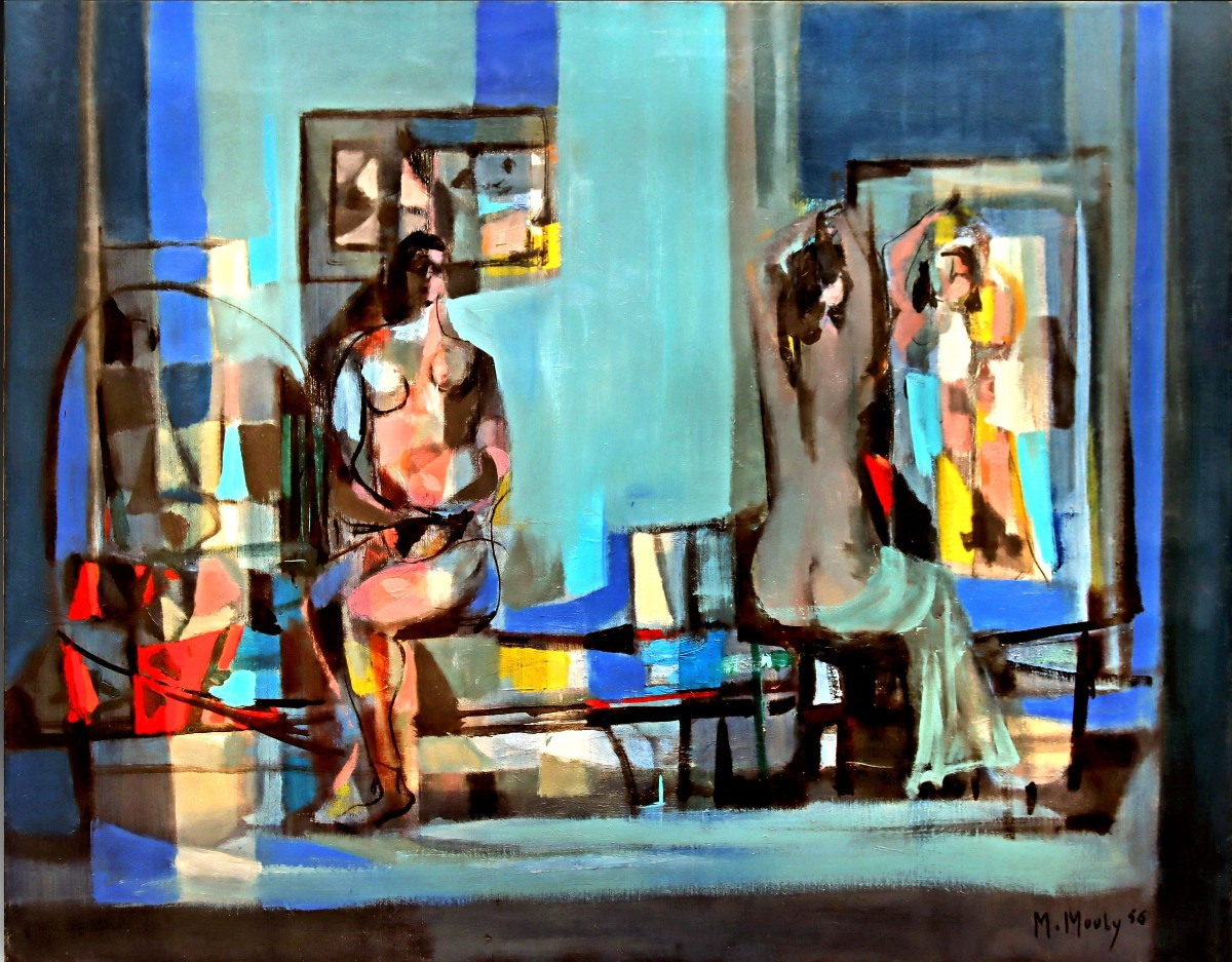 Marcel Mouly (1918-2008) "nudes At The Mirror" Large Oil On Canvas Dated 1956-photo-2