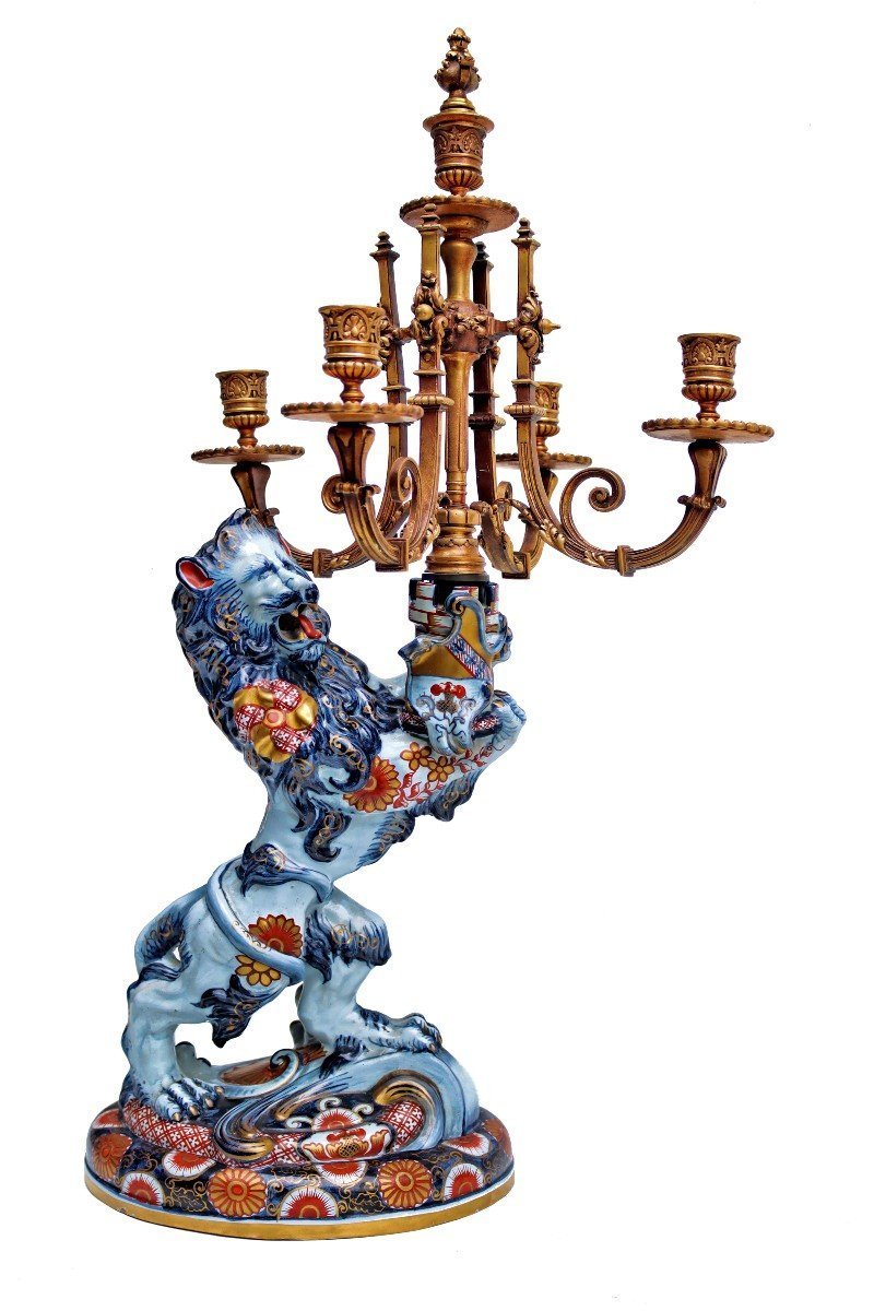 Emile Gallé (1846-1904) Pair Of Large Candelabra With Heraldic Lions-photo-3