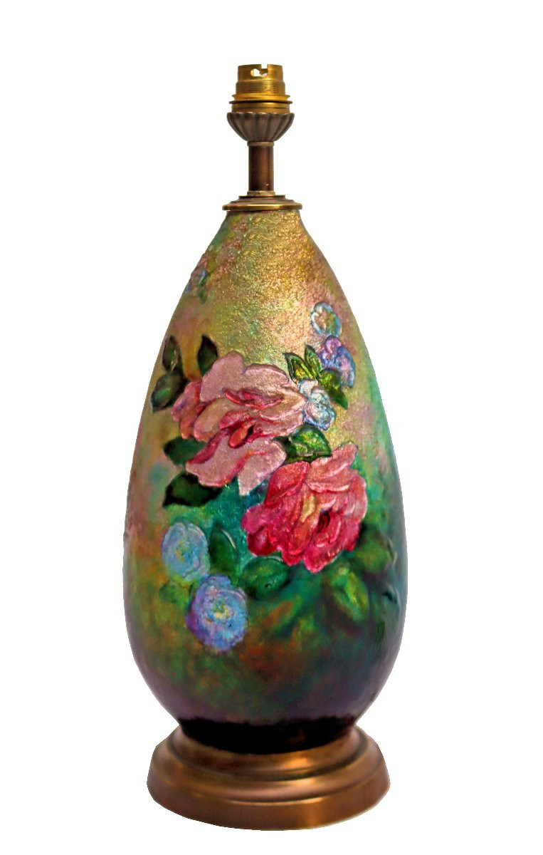 Camille FAUR&Eacute; (1874-1956) Grande Lampe Art D&eacute;co en Emaux Cloisonn&eacute;s-photo-2