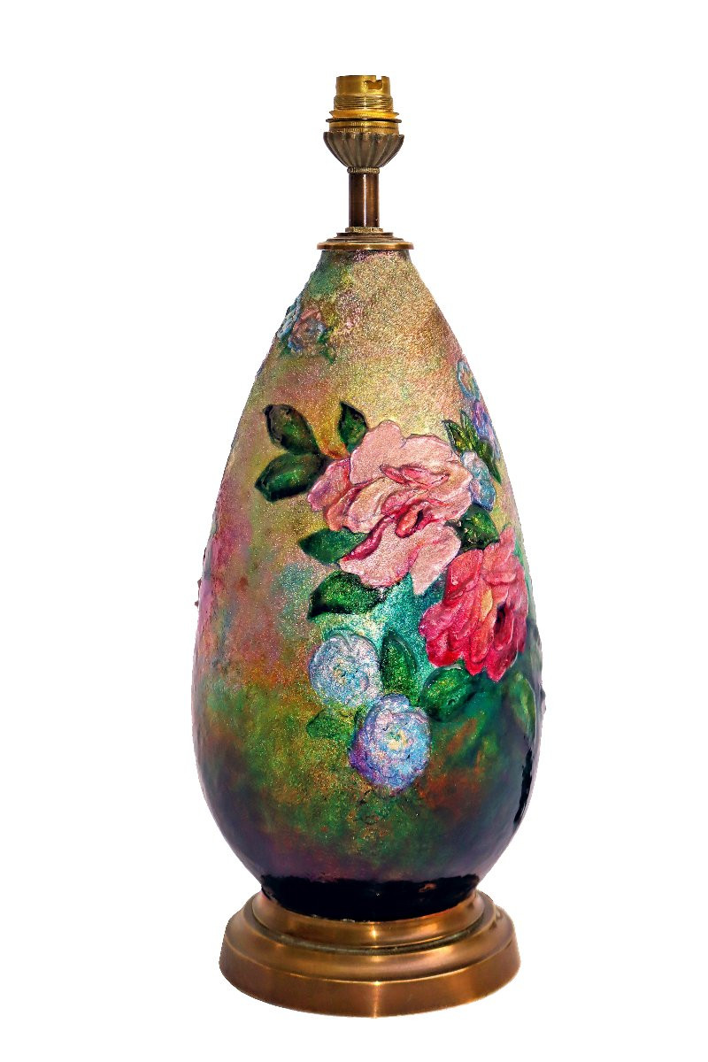 Camille FAUR&Eacute; (1874-1956) Grande Lampe Art D&eacute;co en Emaux Cloisonn&eacute;s-photo-3