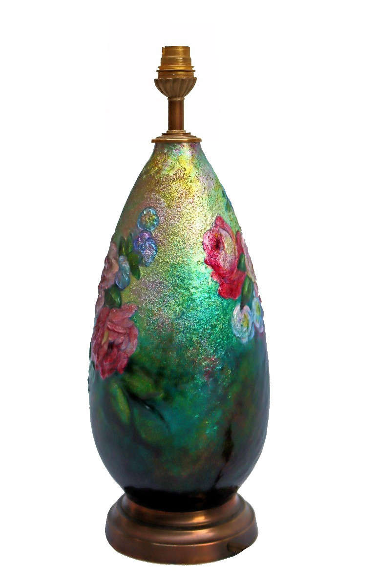 Camille FAUR&Eacute; (1874-1956) Grande Lampe Art D&eacute;co en Emaux Cloisonn&eacute;s-photo-4