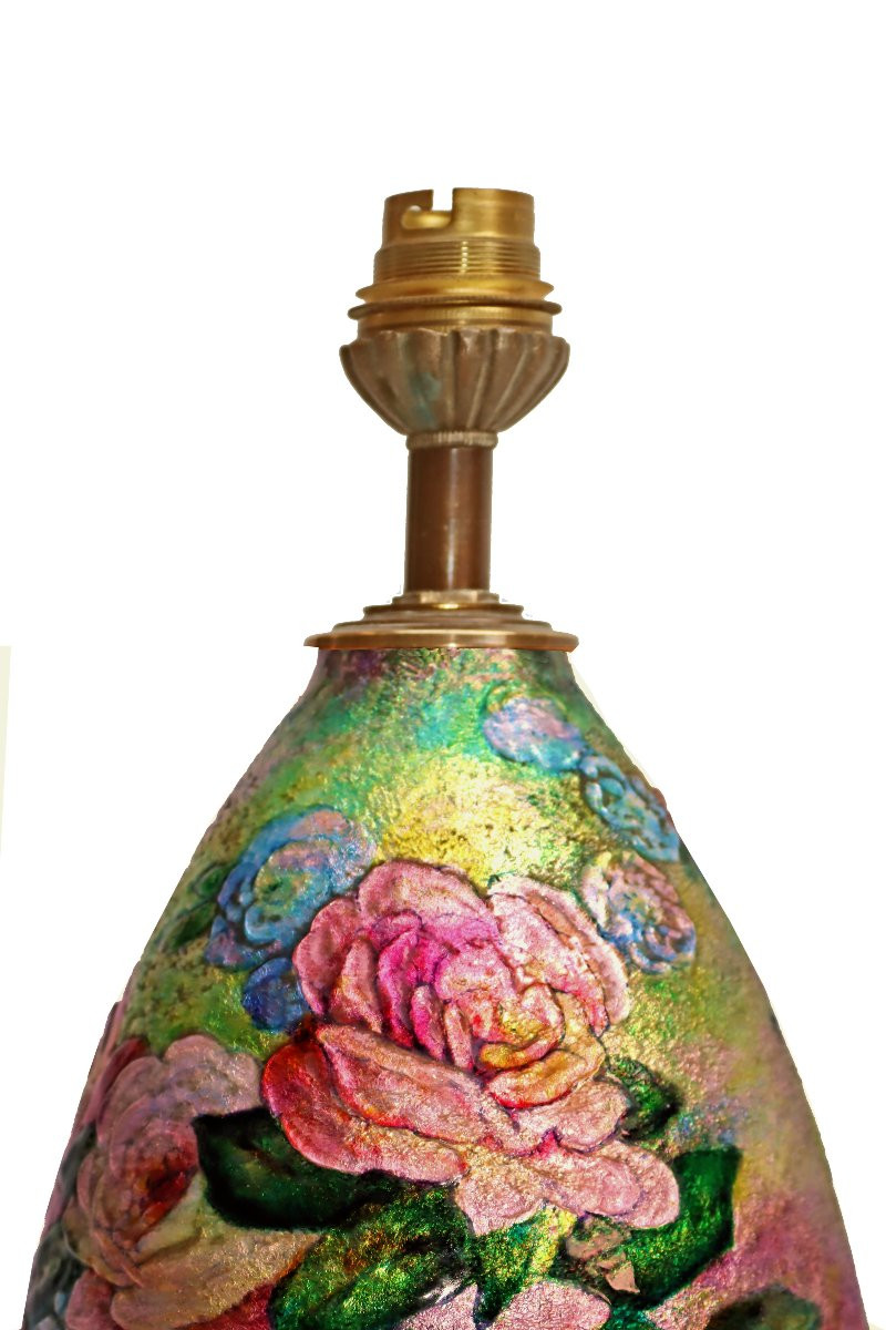 Camille FAUR&Eacute; (1874-1956) Grande Lampe Art D&eacute;co en Emaux Cloisonn&eacute;s-photo-1