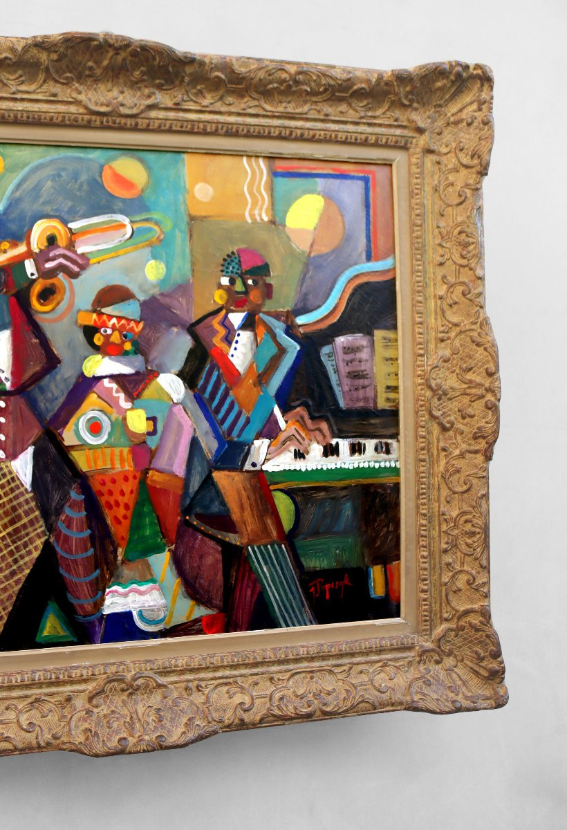 Jozef Popczyk (1890-1971) Large Art Deco Cubist Painting -the Jazz Orchestra-.-photo-3