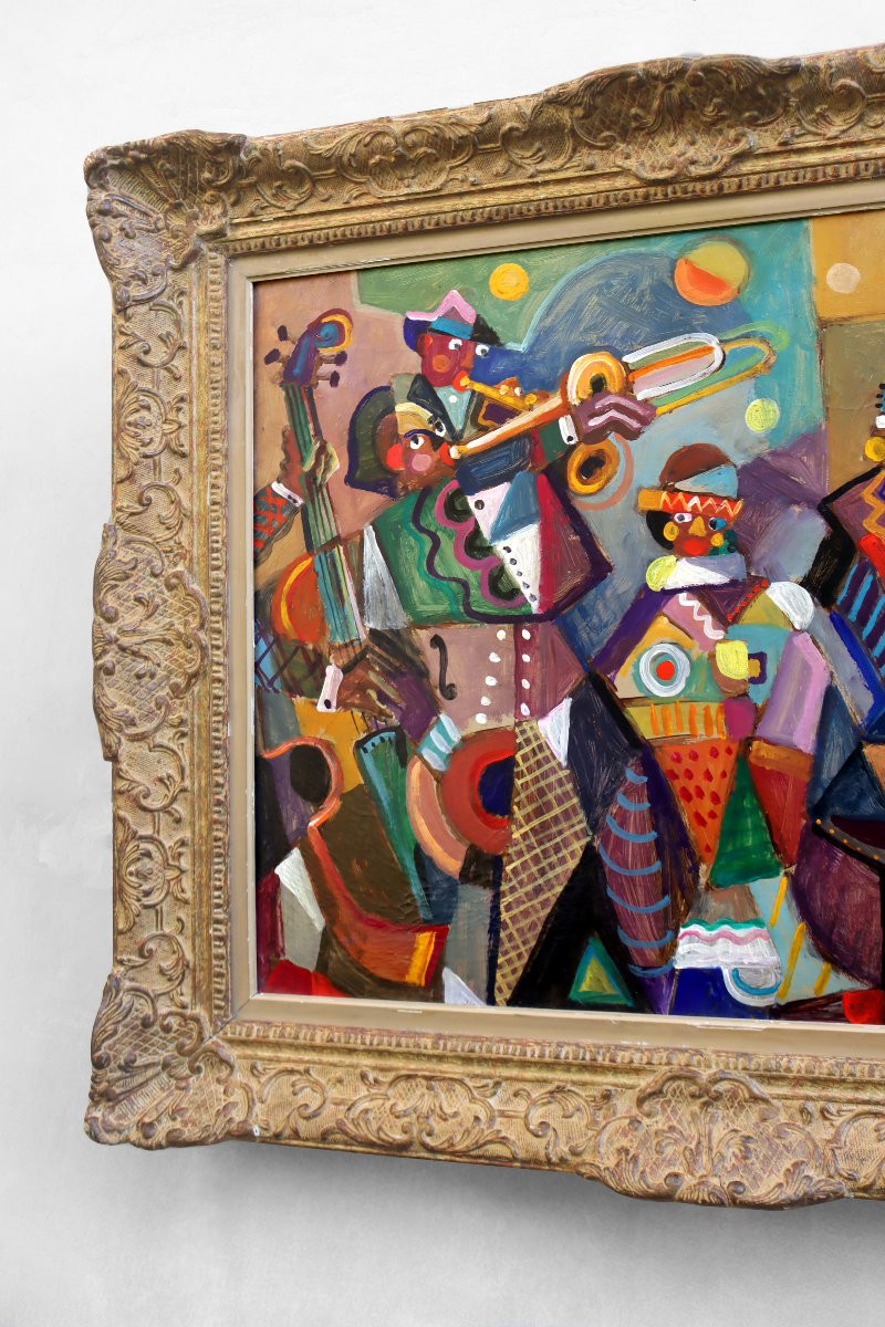 Jozef Popczyk (1890-1971) Large Art Deco Cubist Painting -the Jazz Orchestra-.-photo-4