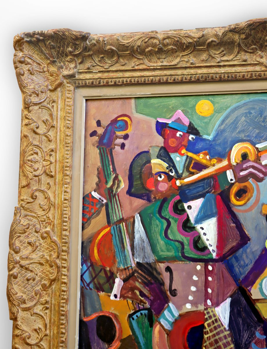 Jozef Popczyk (1890-1971) Large Art Deco Cubist Painting -the Jazz Orchestra-.-photo-2