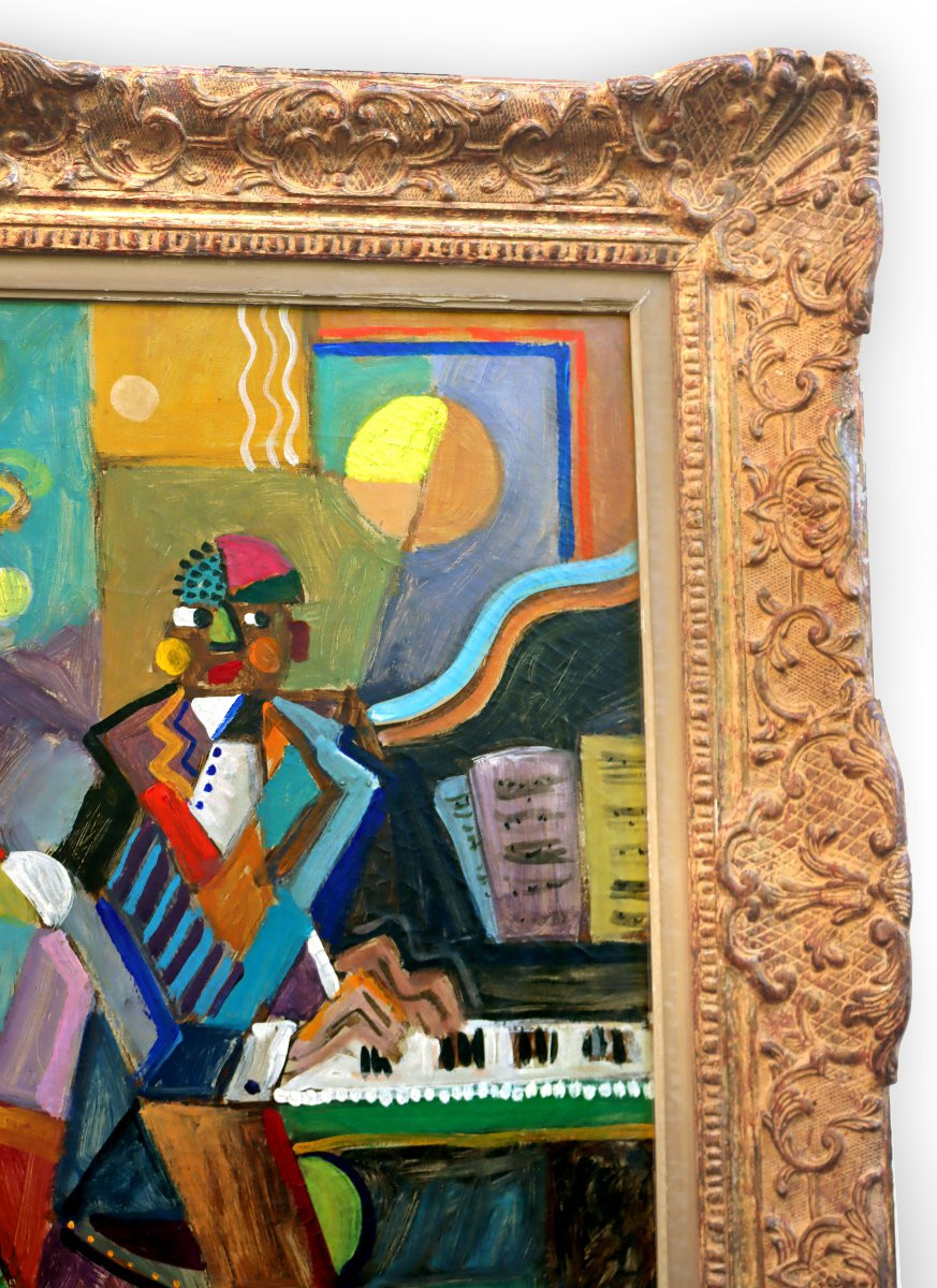 Jozef Popczyk (1890-1971) Large Art Deco Cubist Painting -the Jazz Orchestra-.-photo-3