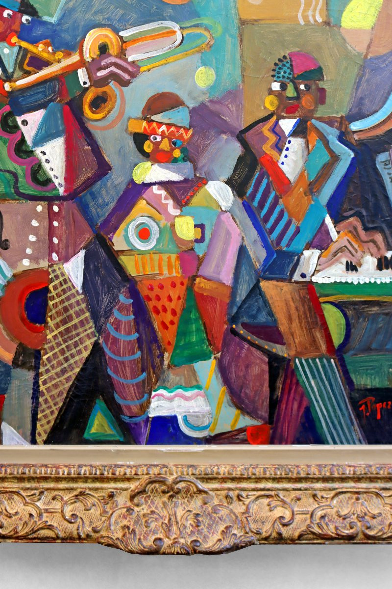Jozef Popczyk (1890-1971) Large Art Deco Cubist Painting -the Jazz Orchestra-.-photo-4