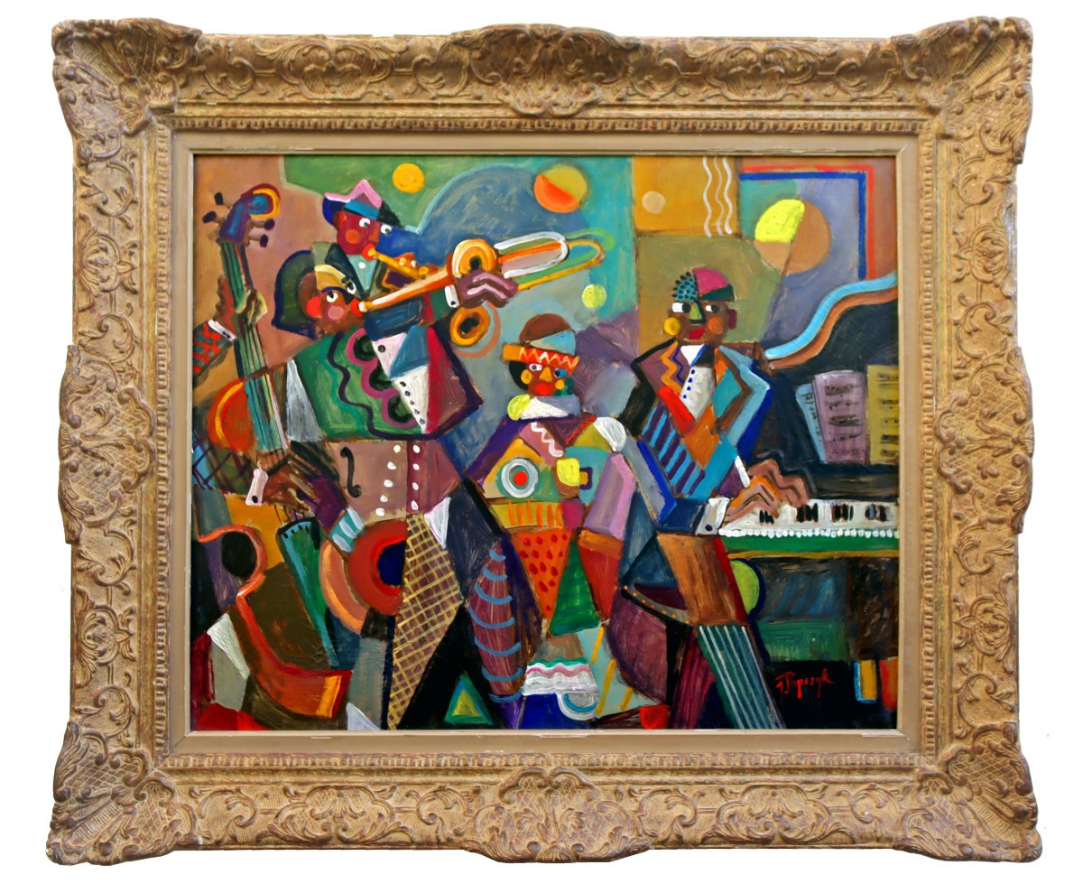 Jozef Popczyk (1890-1971) Large Art Deco Cubist Painting -the Jazz Orchestra-.