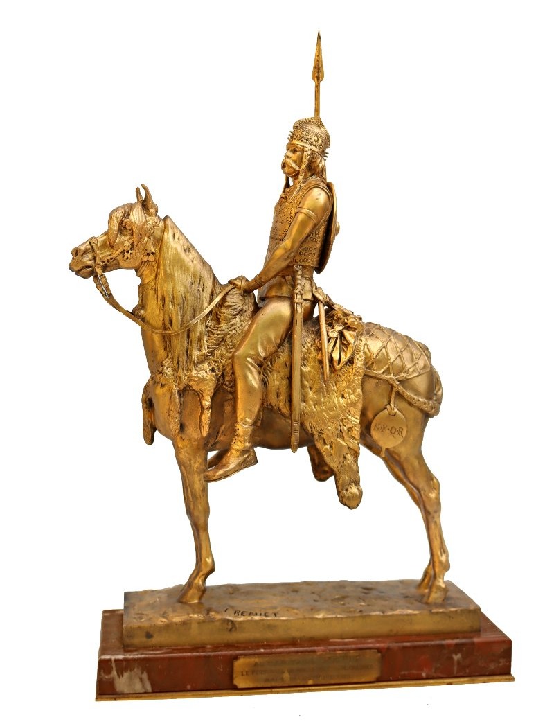 Emmanuel FRÉMIET (1870-1940) Cavalier Mérovingien en Bronze Doré-photo-2