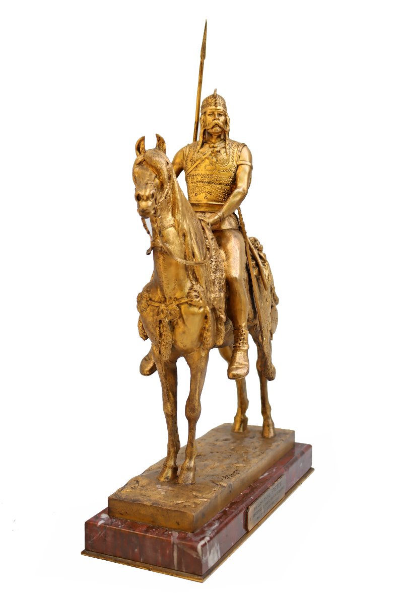 Emmanuel FRÉMIET (1870-1940) Cavalier Mérovingien en Bronze Doré-photo-3