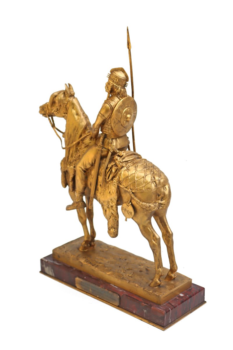 Emmanuel FRÉMIET (1870-1940) Cavalier Mérovingien en Bronze Doré-photo-1
