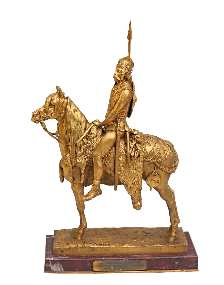 Emmanuel FRÉMIET (1870-1940) Cavalier Mérovingien en Bronze Doré-photo-3