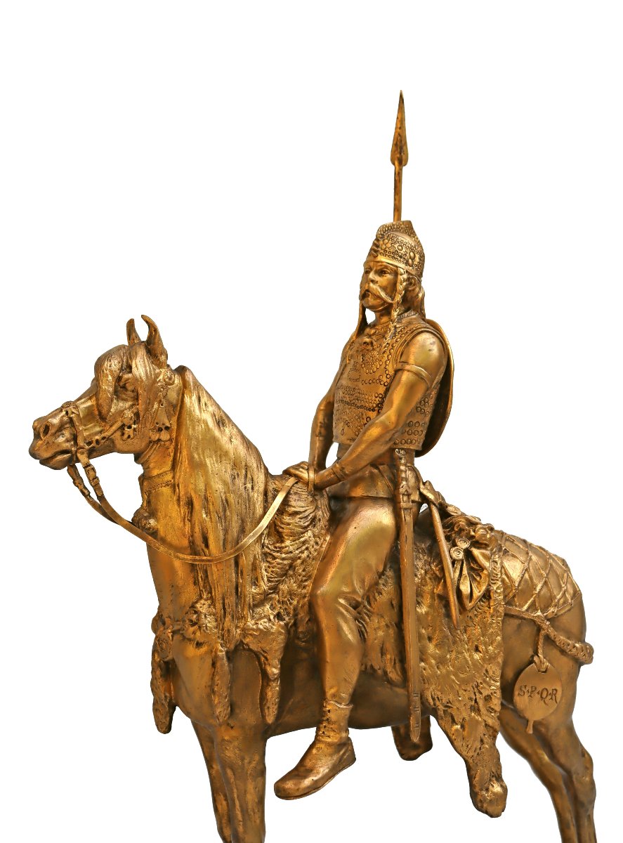 Emmanuel FRÉMIET (1870-1940) Cavalier Mérovingien en Bronze Doré-photo-5