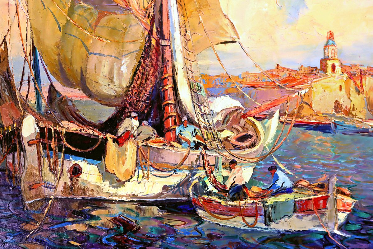 Saint-tropez Large Oil On Canvas Signed By Van Den Bussche (1892–1975)-photo-1