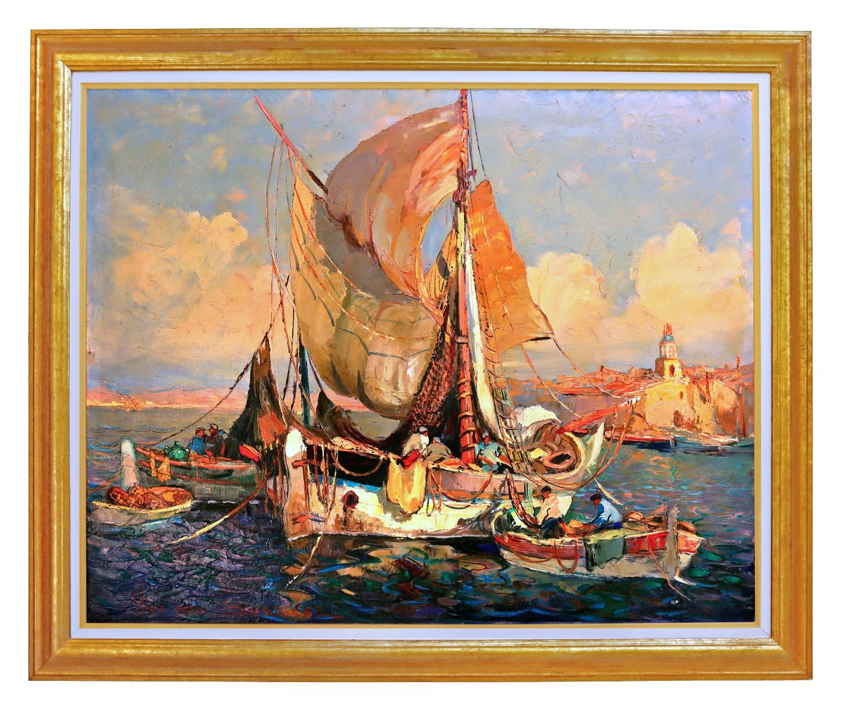 Saint-tropez Large Oil On Canvas Signed By Van Den Bussche (1892–1975)