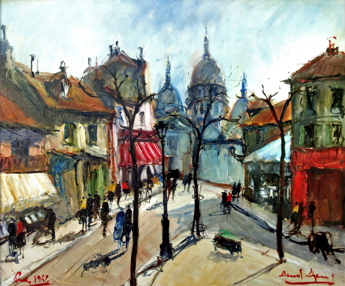Bernard LIGNON (1928-2017) Paris Montmartre Place du Tertre 1952 Grande Huile sur Toile-photo-3