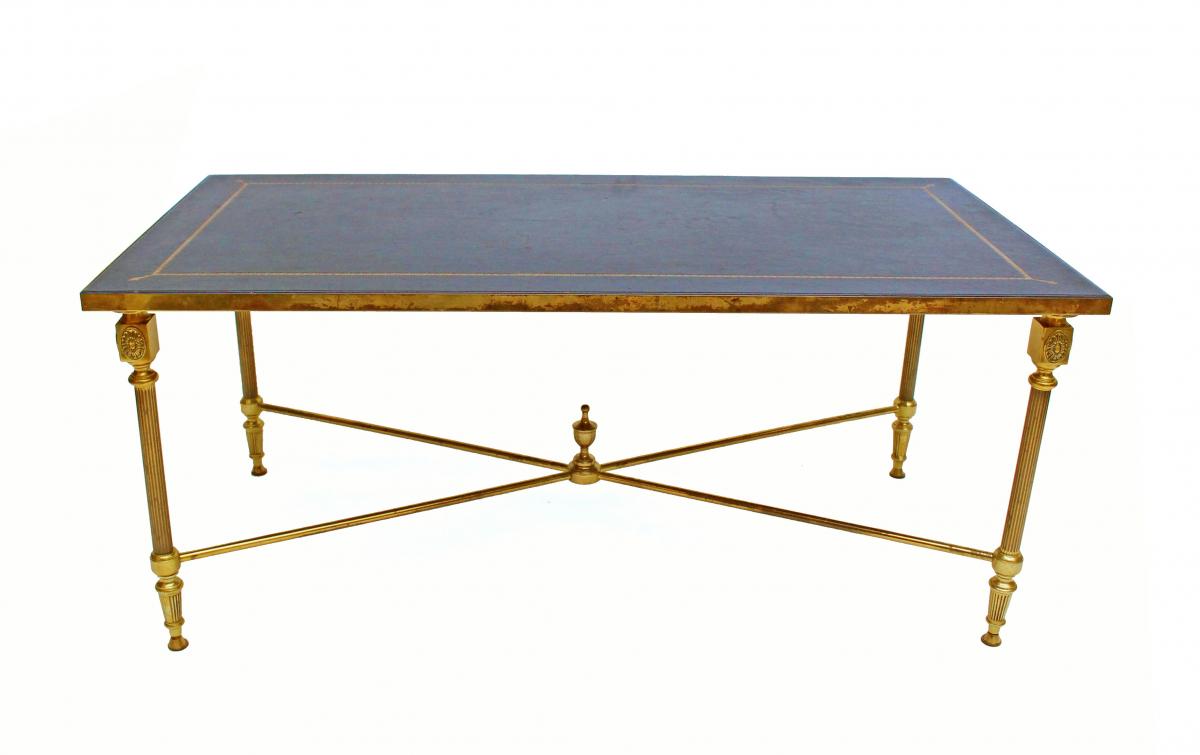 1950s Jansen Bronze Style Table With Sheathed Leather Top-photo-2
