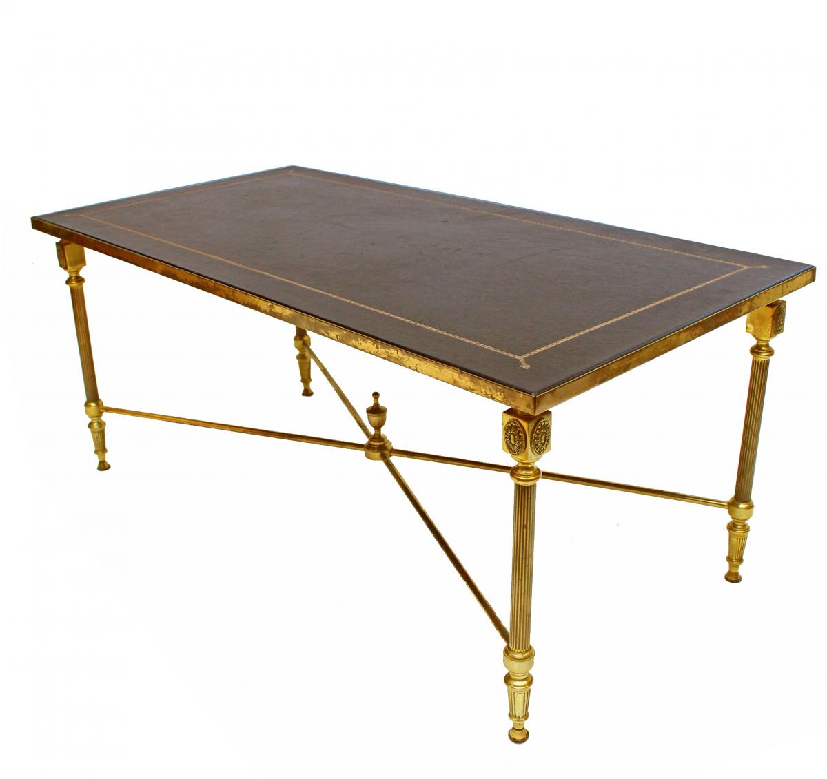 1950s Jansen Bronze Style Table With Sheathed Leather Top-photo-3