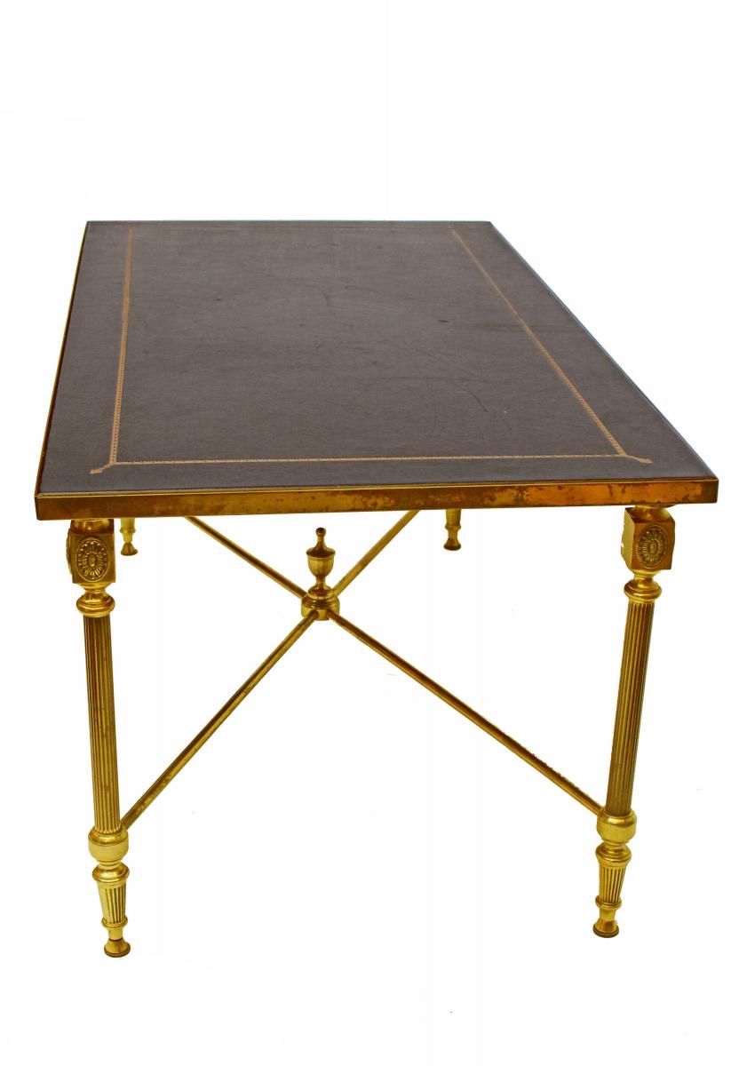 1950s Jansen Bronze Style Table With Sheathed Leather Top-photo-4