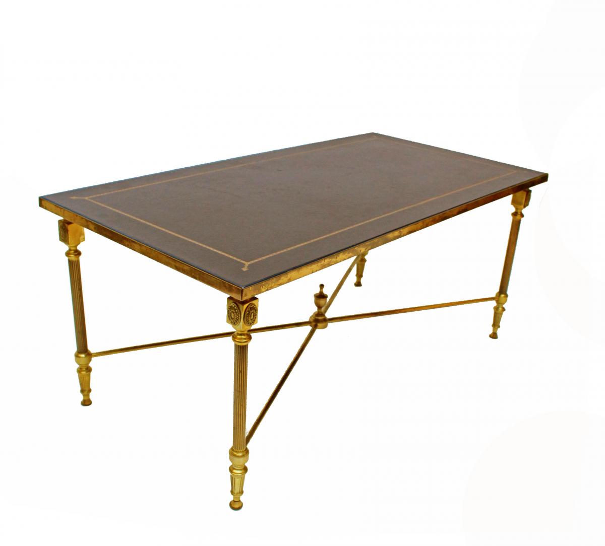 1950s Jansen Bronze Style Table With Sheathed Leather Top-photo-4
