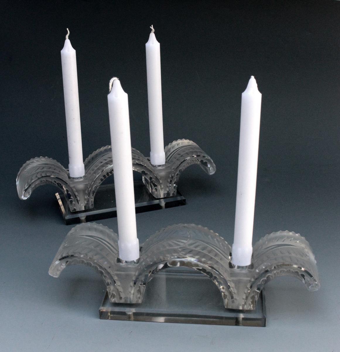 Lalique Pair Of Candlesticks '' Porquerolles ''-photo-3